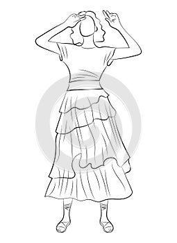 Beautiful woman dressed in boho style clothes. Full-length human figure. Line drawing. Sketch. Line art.