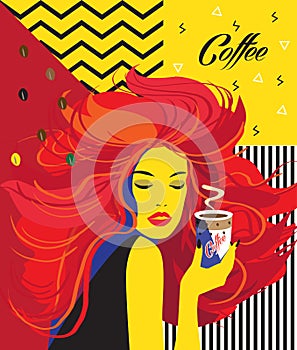 Beautiful Fashion Woman drinking coffee cup Pop Art Poster