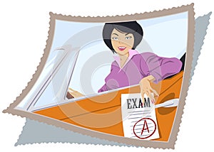 Beautiful woman at driving lesson. Driver`s license. Illustration for internet and mobile website