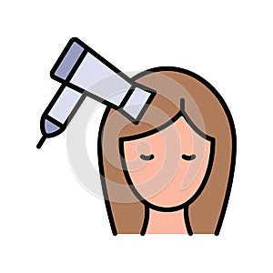 Beautiful woman drying her hair with hairdryer. Dryer hair icon, hairdryer with blow air, use appliance, web symbol