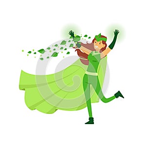Beautiful woman eco superhero in costume, mask and green cape
