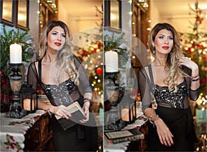 Beautiful woman in elegant black dress with Xmas tree in background. Portrait of fashionable blonde girl holding a book