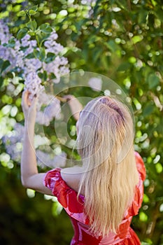 Beautiful Woman Enjoying the Smell of Lilac. Cute Model and Flowers.