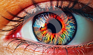 Beautiful woman epic eye, gorgeous and colorful iris, closeup shot. Generative Ai