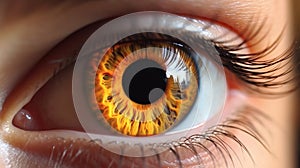 Beautiful woman epic eye, with gorgeous fiery orange iris, closeup shot. Generative AI