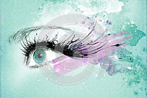 Beautiful woman eye, Artwork with ink in grunge style