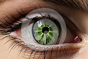 Beautiful woman eye with green leaf reflection in the iris. Ecology, environment, nature background