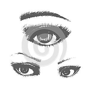Beautiful woman eyes vector ink drawing. illustration. Black white Set.