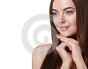 Beautiful woman face close up portrait long beautiful hair young studio on white