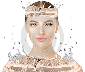 Beautiful woman face close up studio with water splash. Beauty s