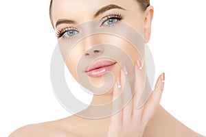 Beautiful woman face close up studio on white. Beauty spa model