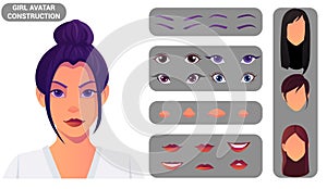 Beautiful Woman Face And Head Character Construction. Female Avatar Build With Head and Hair Styles Premium Vector set Of Eyes,