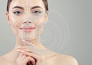 Beautiful woman. Face lift anti-aging lines on young female face. Graphic lines showing facial lifting effect on skin.