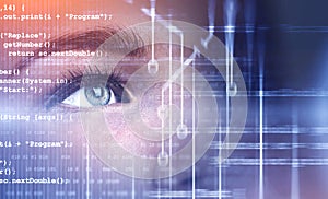 Beautiful woman face, lines of code