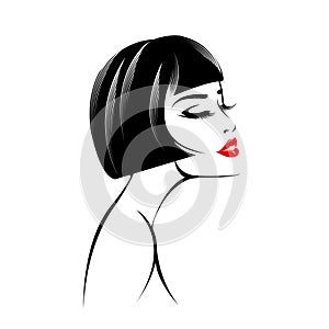 Beautiful woman face logo. Elegant makeup, hairstyle, look.