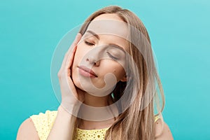 Beautiful Woman Face Portrait Beauty Skin Care Concept: beauty young caucasian female model girl touching her face skin