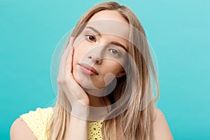 Beautiful Woman Face Portrait Beauty Skin Care Concept: beauty young caucasian female model girl touching her face skin