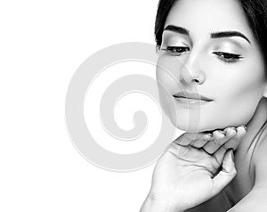 Beautiful woman face portrait with curly hair. Black and white.