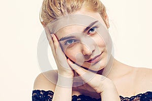 Beautiful woman face portrait young blonde hair