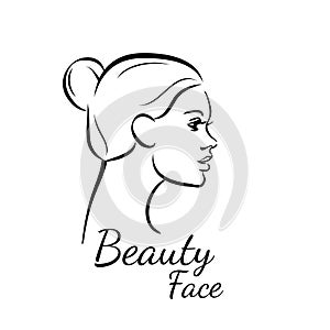 Beautiful woman face profile line drawing isolated on white background