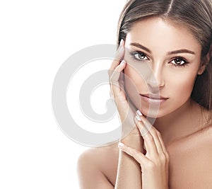 Beautiful woman face studio on white with lips