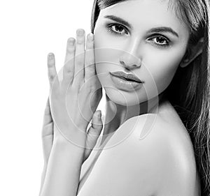 Beautiful woman face studio on white with lips black and white