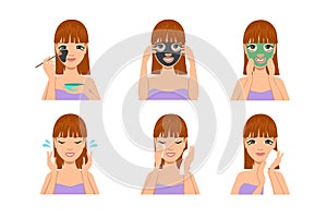 Beautiful woman with facial mask. Woman covering her face with cosmetic mask. Face treatment, skincare with scrub vector