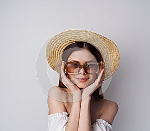 beautiful woman fashion glasses makeup light background