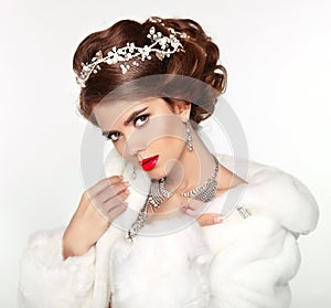 Beautiful woman in fashion white Mink Fur Coat. Luxury Winter Gi