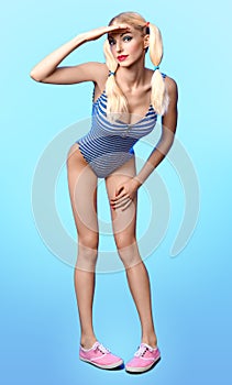Beautiful woman in fashionable swimsuit. Pinup blonde girl