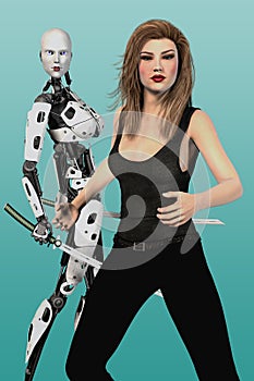 Beautiful Woman and Female Robot with Katana Swords