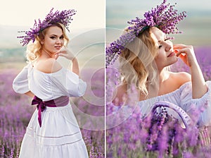 Beautiful woman in a field of blossoming lavender