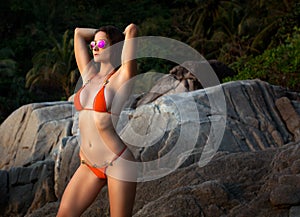 Beautiful Woman With Fit Body In Bikini,Tropical Cliff