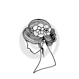 Beautiful woman with flower. Lady doodle simple illustration. Abstract fashion retro stylish girl portrait isolated on