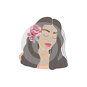 Beautiful woman flower wreath drawn, great design for any purposes. Young lady portrait. Nature illustration. Hand drawn
