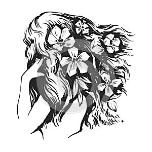 Beautiful woman with flowers and long hairs