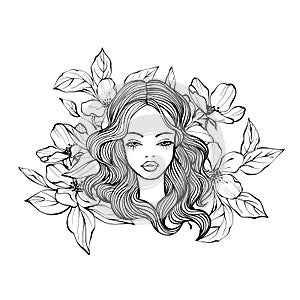 Beautiful woman with flowers and long hairs. Line art