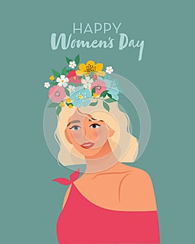 Beautiful woman with flowers wreath. Greeting card International Women's Day. Flat vector illustration in retro