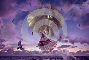 Beautiful woman flying with parachute beauty portrait photoshoot