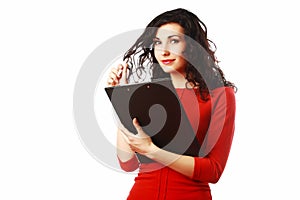 Beautiful woman with folder filling a form