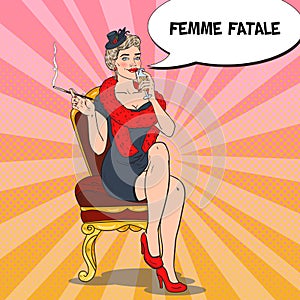 Beautiful Woman in Fur with Glass of Champagne. Femme fatale. Pop Art Retro illustration