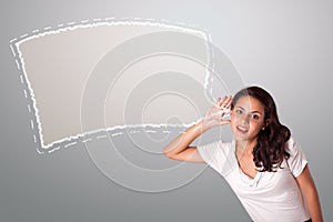 Beautiful woman gesturing with abstract speech bubble copy space