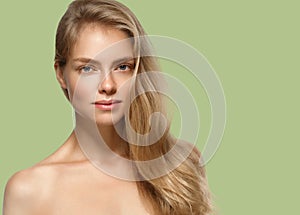 Beautiful Woman Girl Model blonde hair on summer green trendy color background