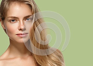 Beautiful Woman Girl Model blonde hair on summer green trendy color background