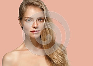 Beautiful Woman Girl Model blonde hair on summer pink trendy color background