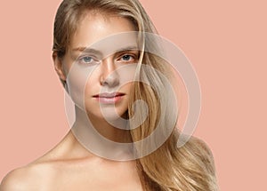 Beautiful Woman Girl Model blonde hair on summer pink trendy color background