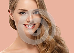 Beautiful Woman Girl Model blonde hair on summer pink trendy color background