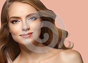 Beautiful Woman Girl Model blonde hair on summer pink trendy color background