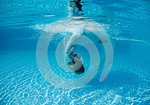 Beautiful woman girl white dress underwater diving swim blue sunny day pool