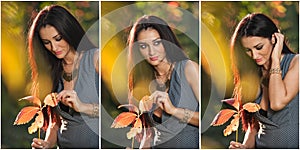 Beautiful woman in gray posing in autumnal park. Young brunette woman holding a leaf and spending time in autumn